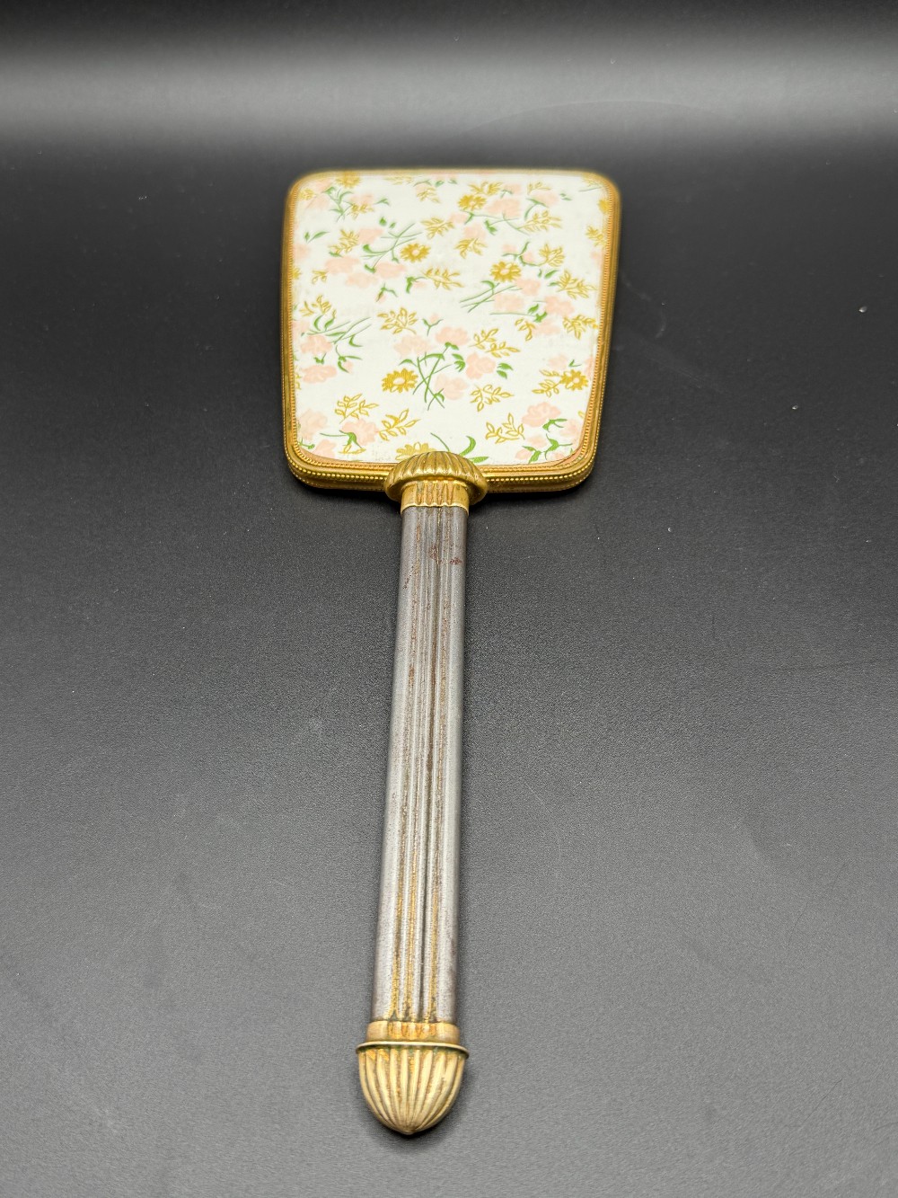 Vintage Hollywood Regency Floral Brocade Hand Mirror
