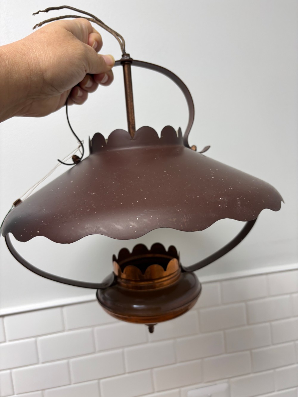 Hanging Swag Lamp Vintage Brown Metal Scalloped Shade Brass Pendant Light