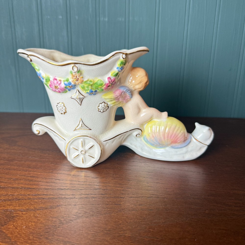 Vintage Vinola Cherub Cornucopia Wagon Planter, Marked & Dated January 1963