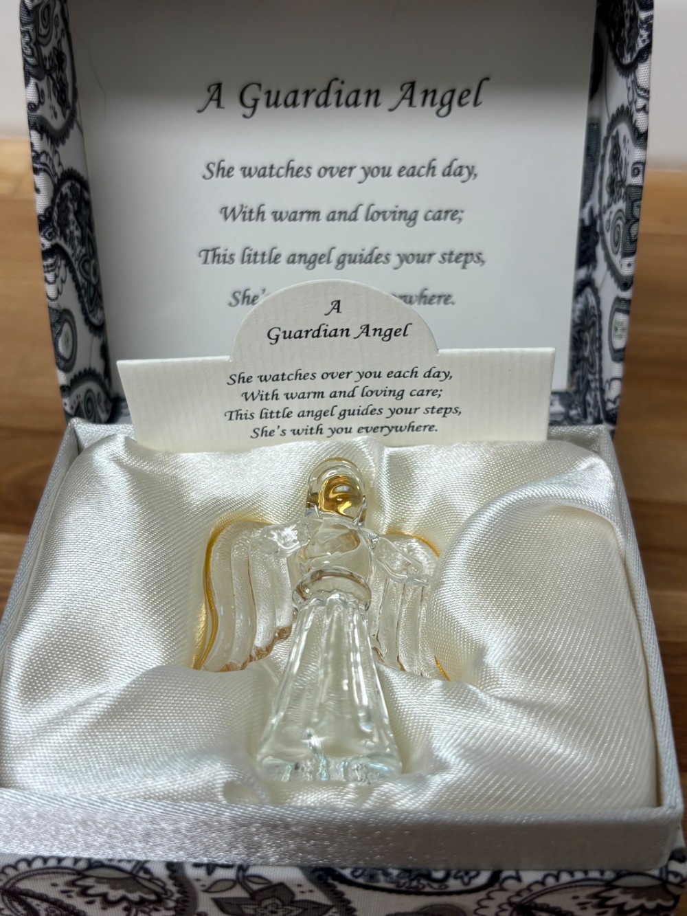 Figurine Guardian Angel Clear Glass Gold Trim Keepsake with Poem Gift Box 2.5
