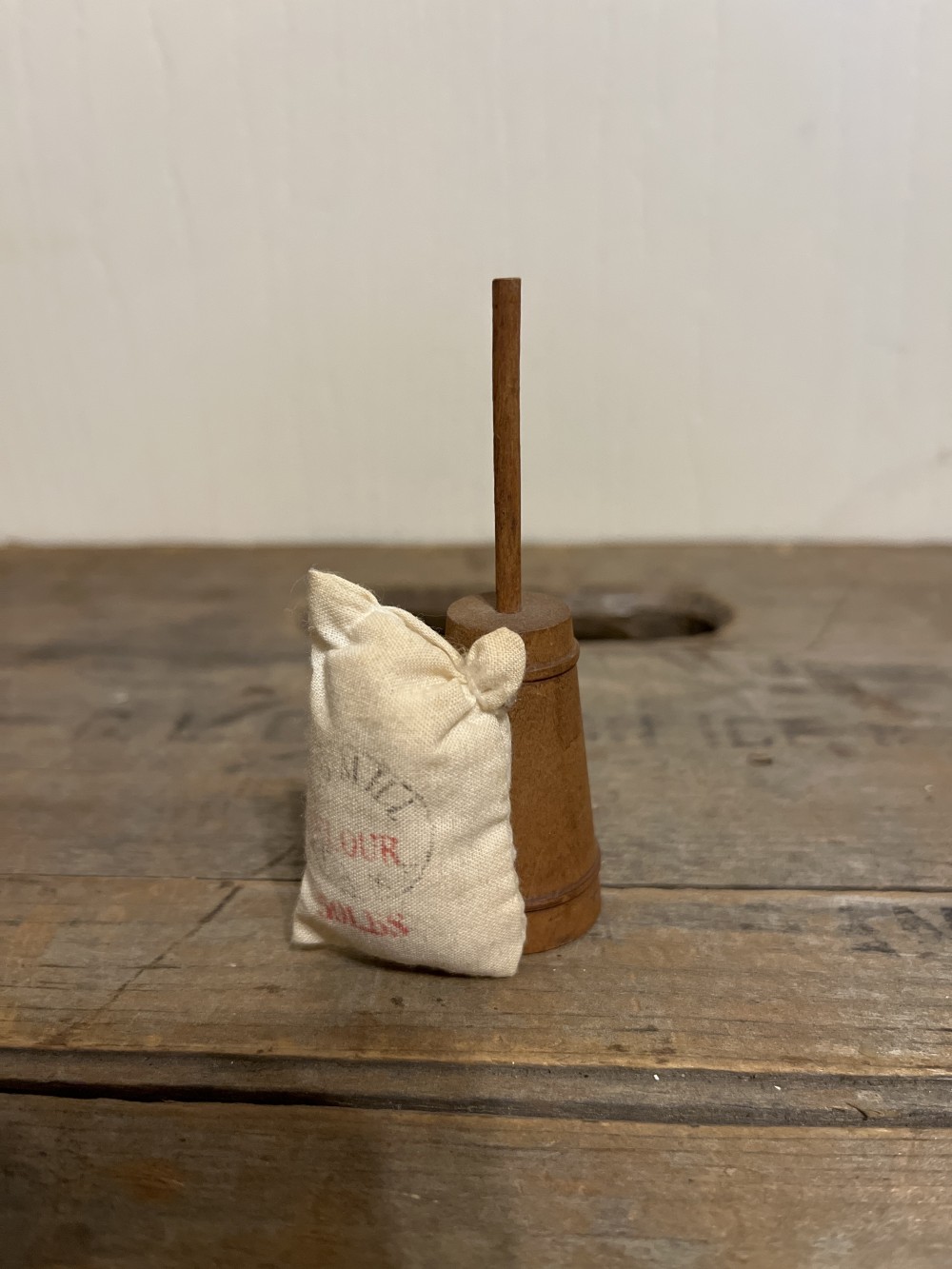 Vtg mini butter churn & flour sack