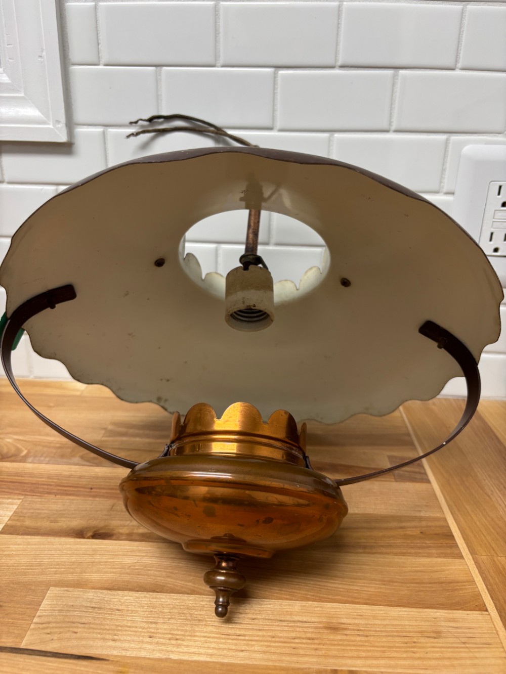 Hanging Swag Lamp Vintage Brown Metal Scalloped Shade Brass Pendant Light