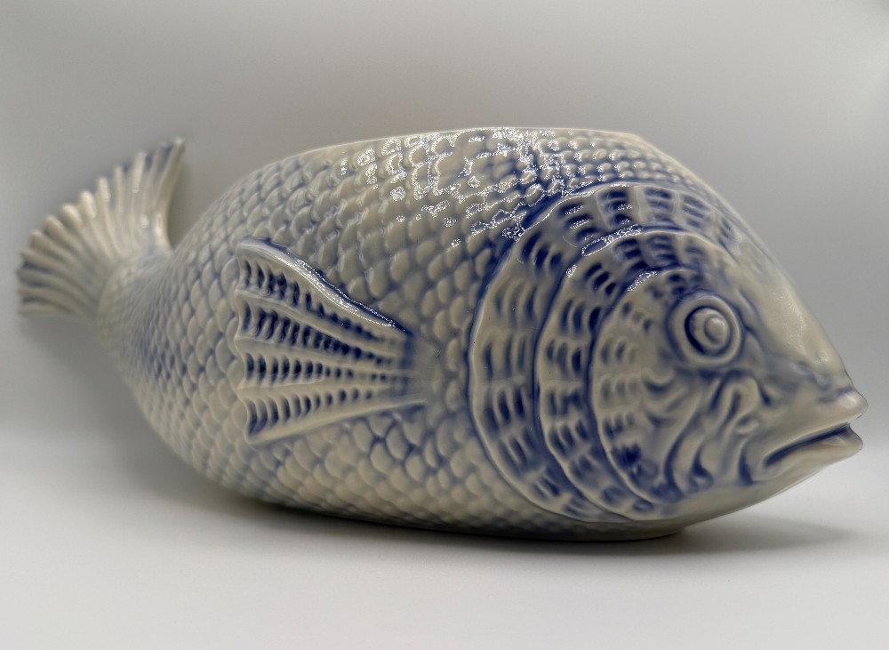 Vintage Hand-Painted Ceramic Fish Planter (Fish Soup Tureen Base)  – Signed Cherrie Nute SC Artist