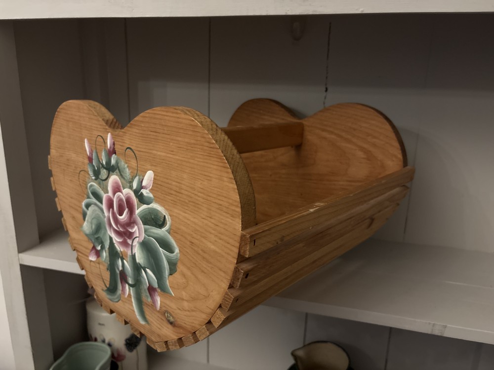 Vintage Wooden Heart Shaped Basket Painted with Pink Rose