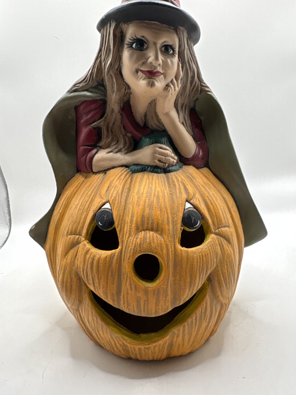 Ceramic Handpainted Witch on Jack O Lantern 10 inch tall x 7 inch As-is