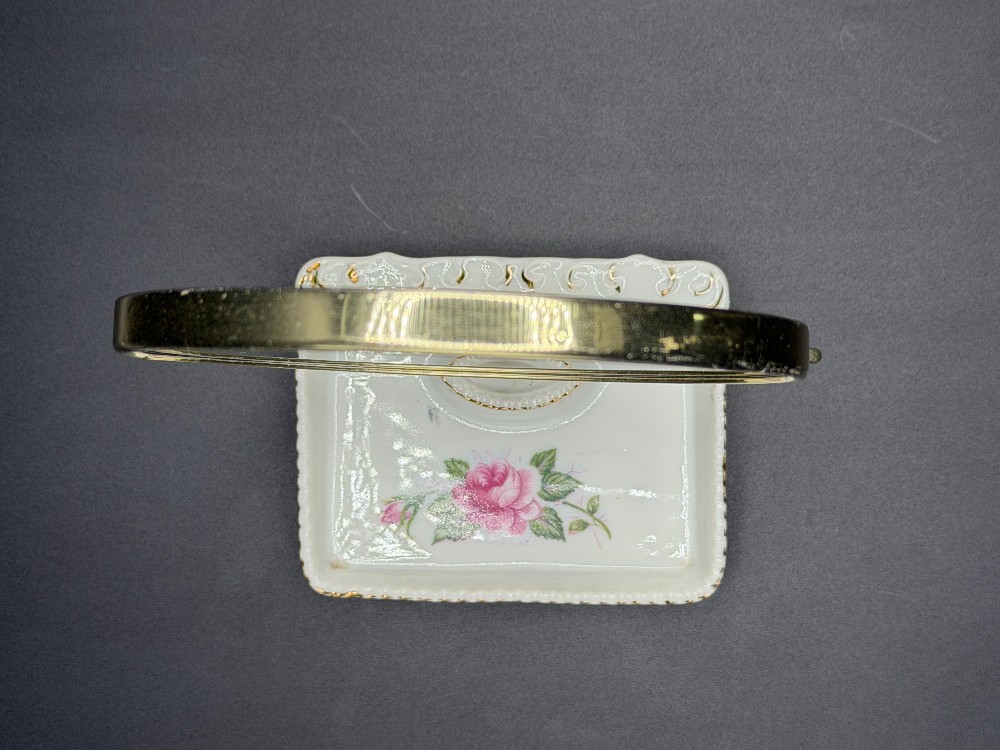 Vintage Porcelain Pink Rose Swivel Vanity Mirror with Trinket Tray - Made in Japan