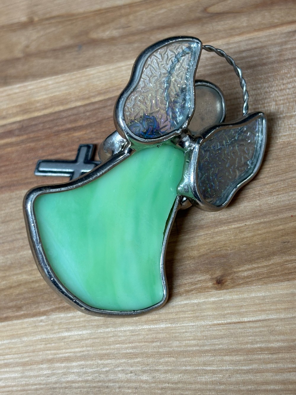 Stained Glass Angel Suncatcher Ornament Green Glass Cross Religious Decor