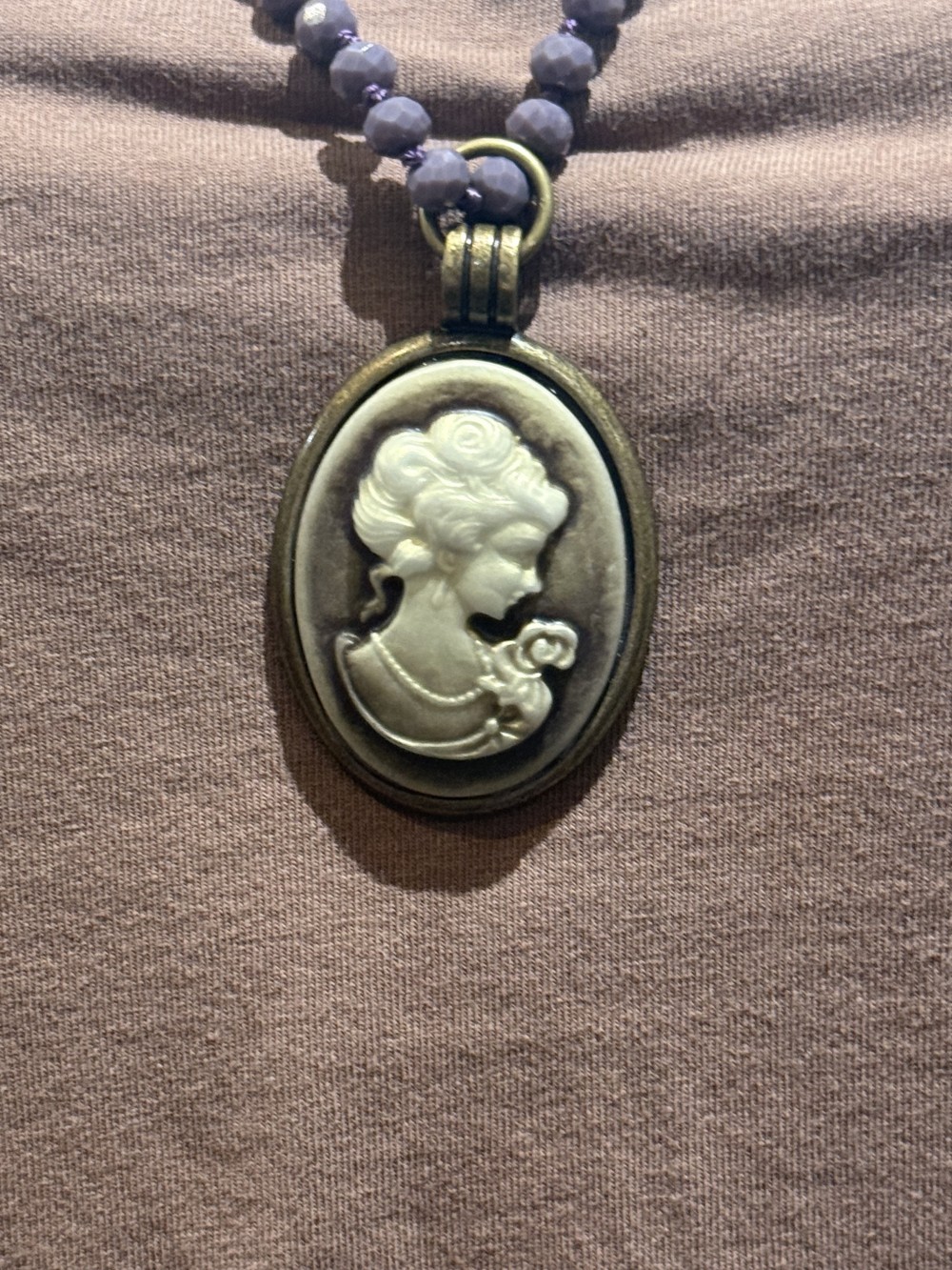 Pendant Necklace-Female Cameo on Purple Beaded Chain