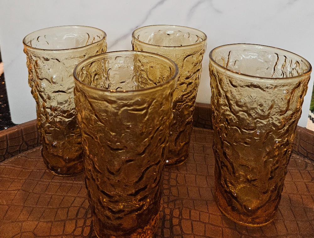 Set of 4 Vintage Anchor Hocking Lido Milano glasses in a textured amber or 