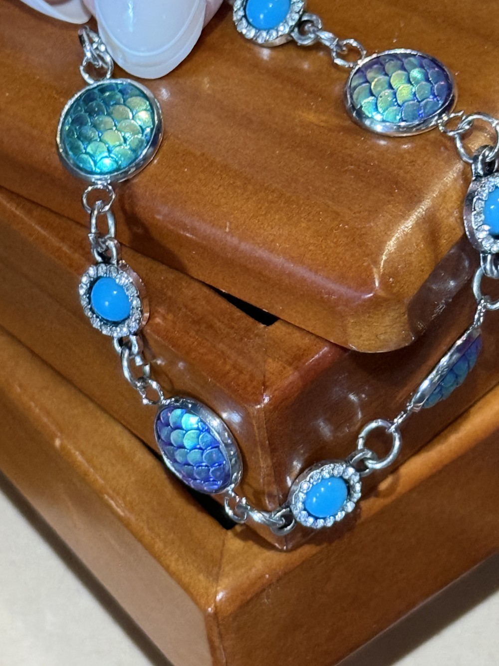 Bracelet Mermaid or Dragon Skin Medallions with Teal & Rhinestone Accents