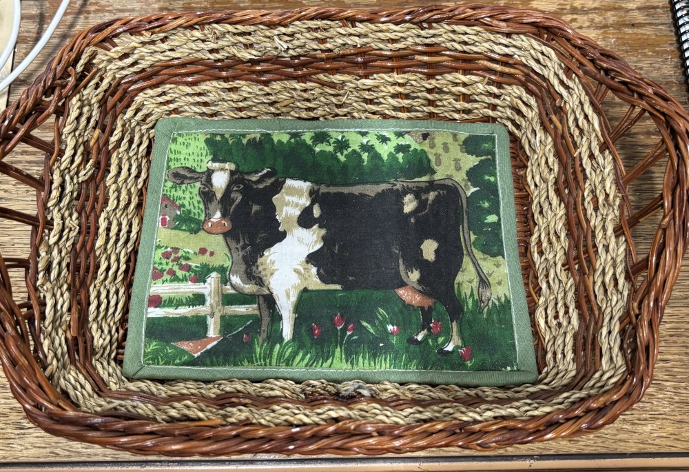 Farmhouse Woven Bread Basket with Holstein Cow Inset 9”x12”
