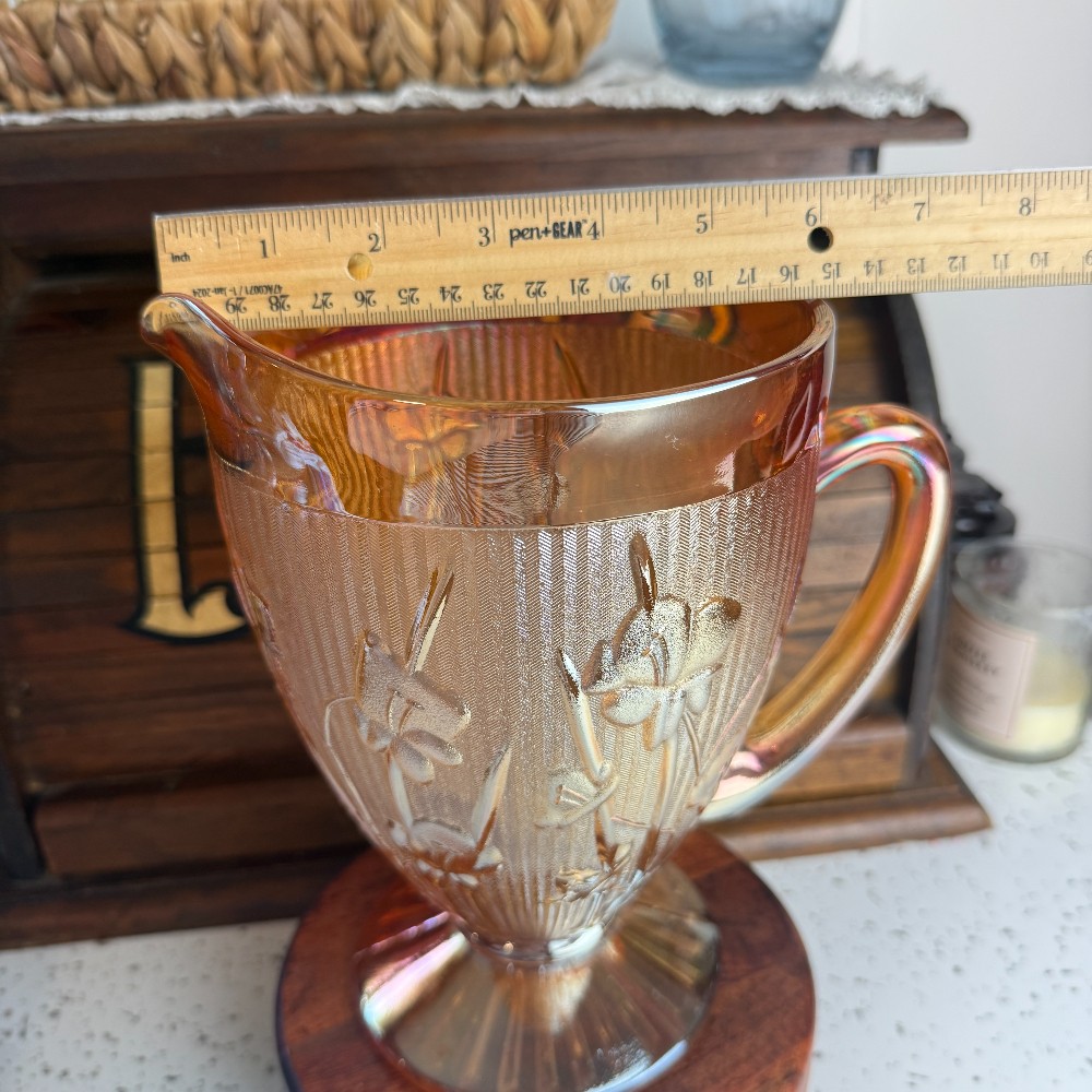 Jeannette Glass Iris and Herringbone Marigold Carnival Glass Pitcher - DANA