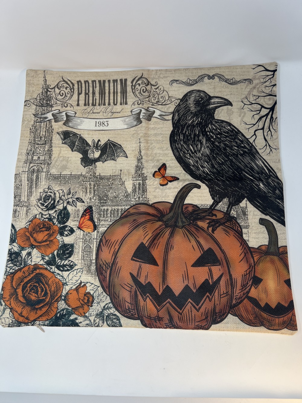 18” Vintage-Inspired Crow Halloween Pillow Cover