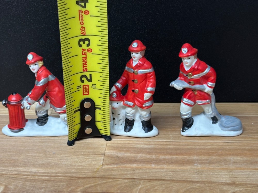 Christmas Village Firefighter Figurines Set of 3 Firemen Dalmatian Hydrant Hose