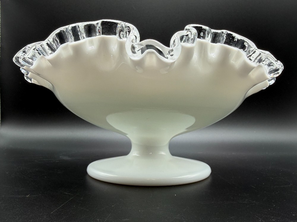 Vintage Fenton Silver Crest Milk Glass Footed Compote – Hand Painted Yellow Roses (Circa 1969-1970)