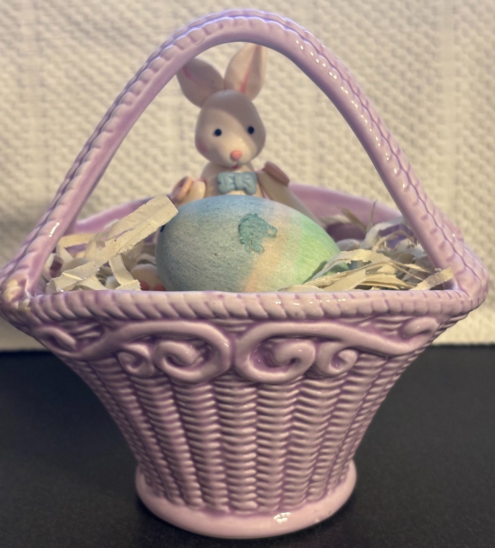 Lavender ceramic basket w/white clay bunny & colored egg