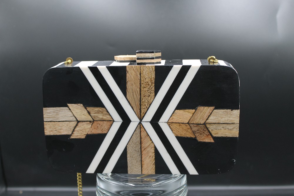 Geometric wood/resin chevron parquet box clutch purse