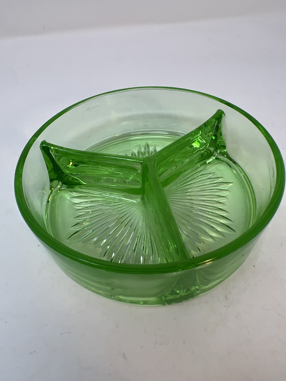 Vintage Green Uranium Glass Three Section Dish