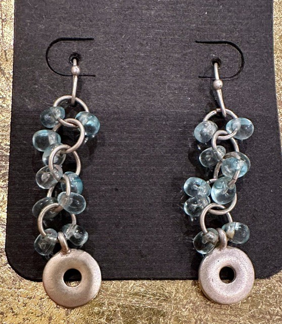 Silver tone dangle earrings light blue genstones and silver disc