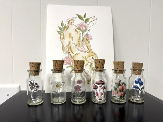 Vintage Made in Taiwan 12 Corked Glass Spice Bottles Set Embellished with Floral Transparencies