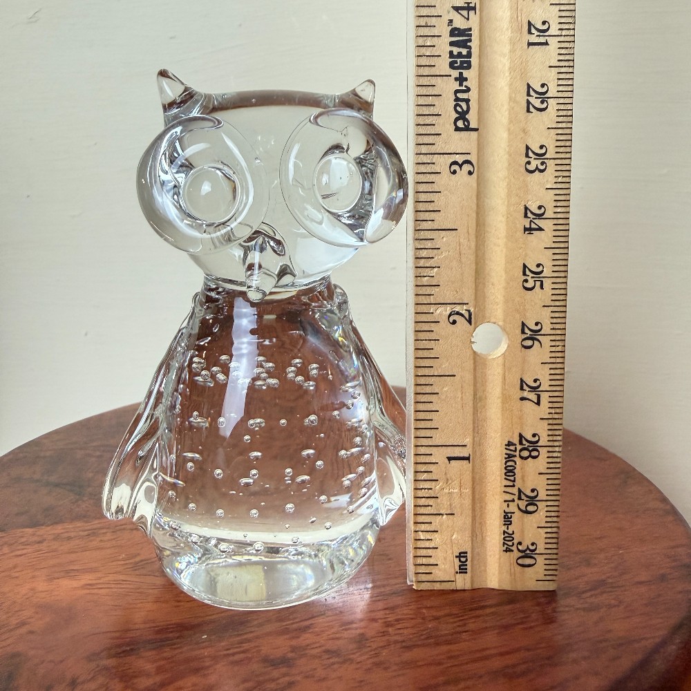 Clear Art Glass Controlled-Bubble Owl Figurine Paperweight