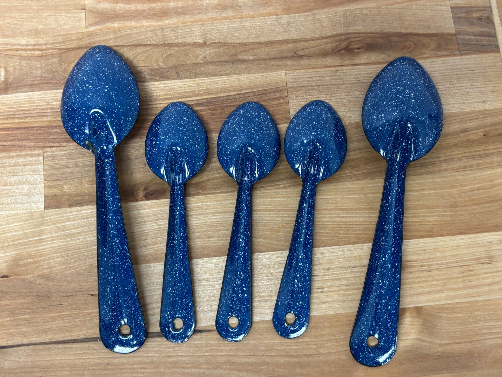Blue Speckled Enamelware Vintage Spoon Set of 5 Graniteware Camping Utensils