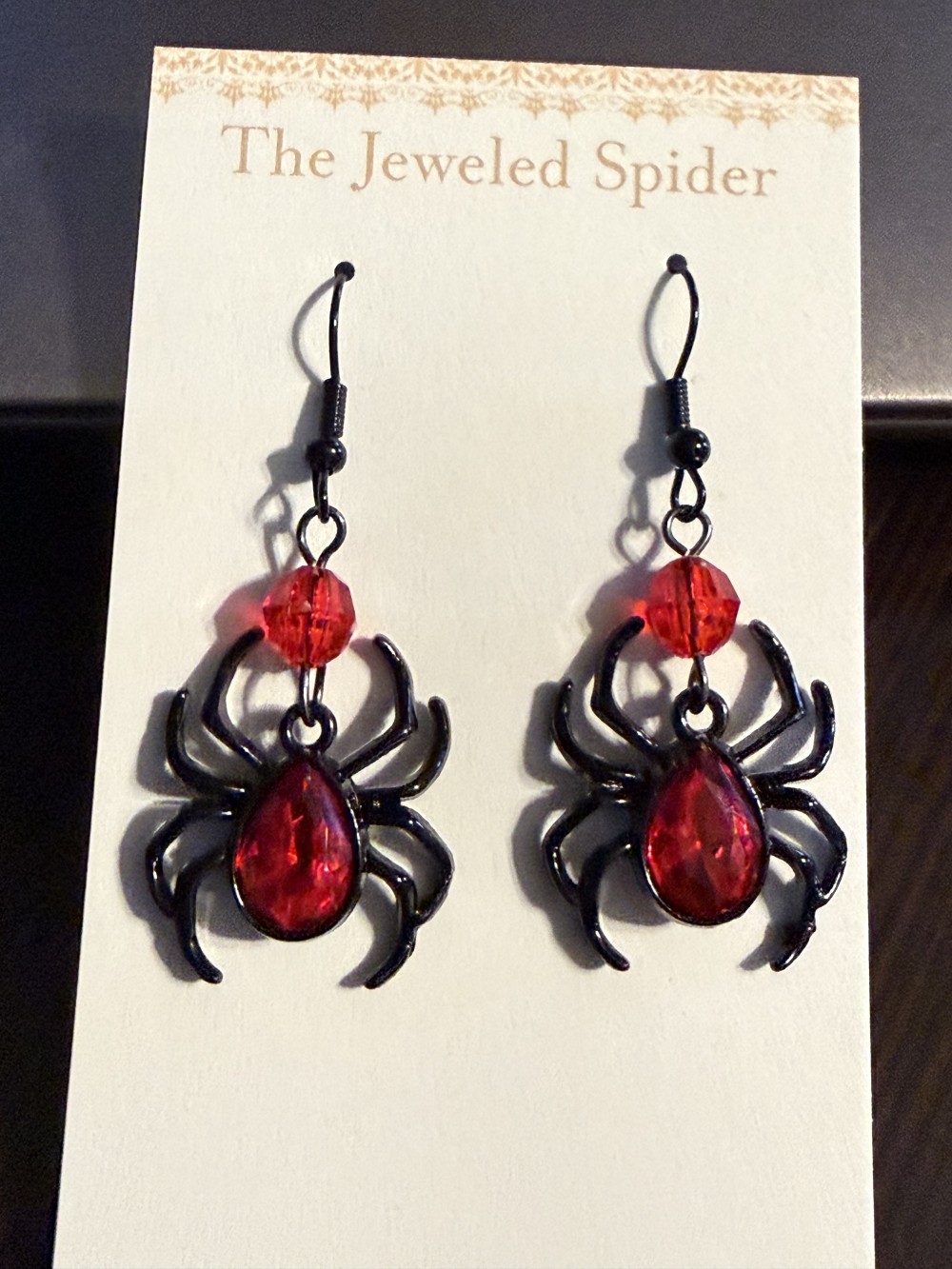 Earrings - Black Spider Red Jewel Abdomen Red Bead