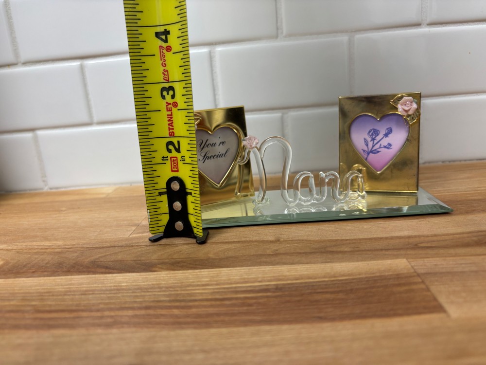 Picture Frame Set Glass Baron Nana Double Heart Photo Frames on Mirrored Base with Glass Script