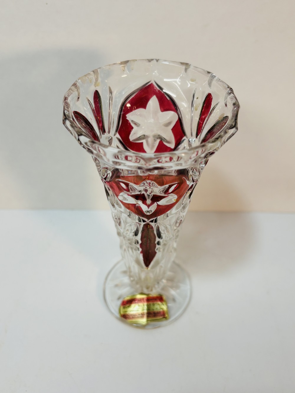 Bohemian/Czech Crystal Cut To Clear Cranberry Bud Vase Flower