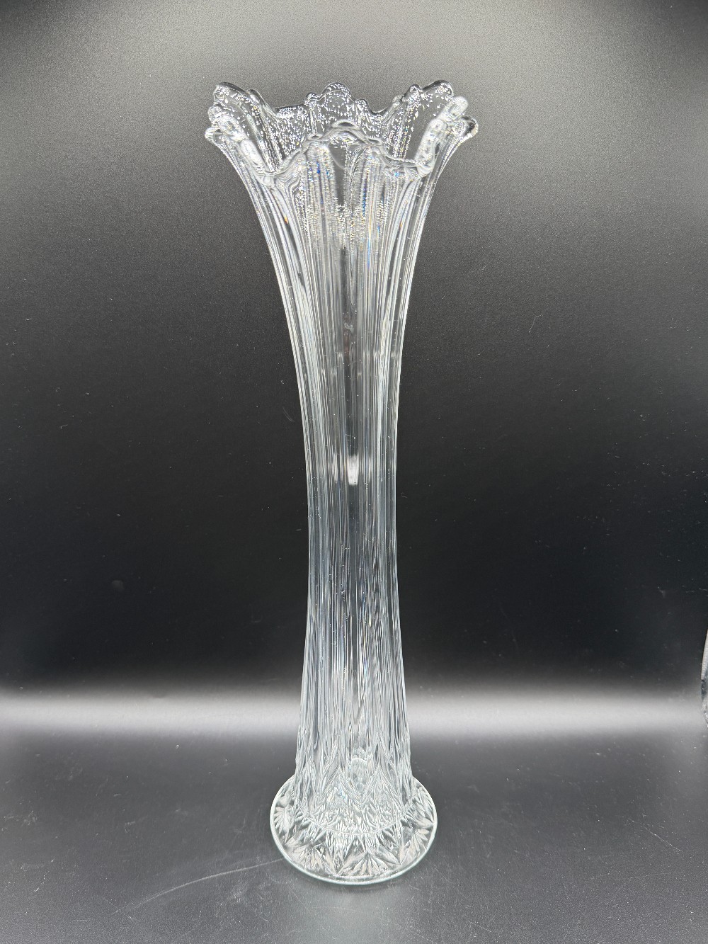 Clear Glass Ribbed Top Swung Vase with a Pineapple Star Base