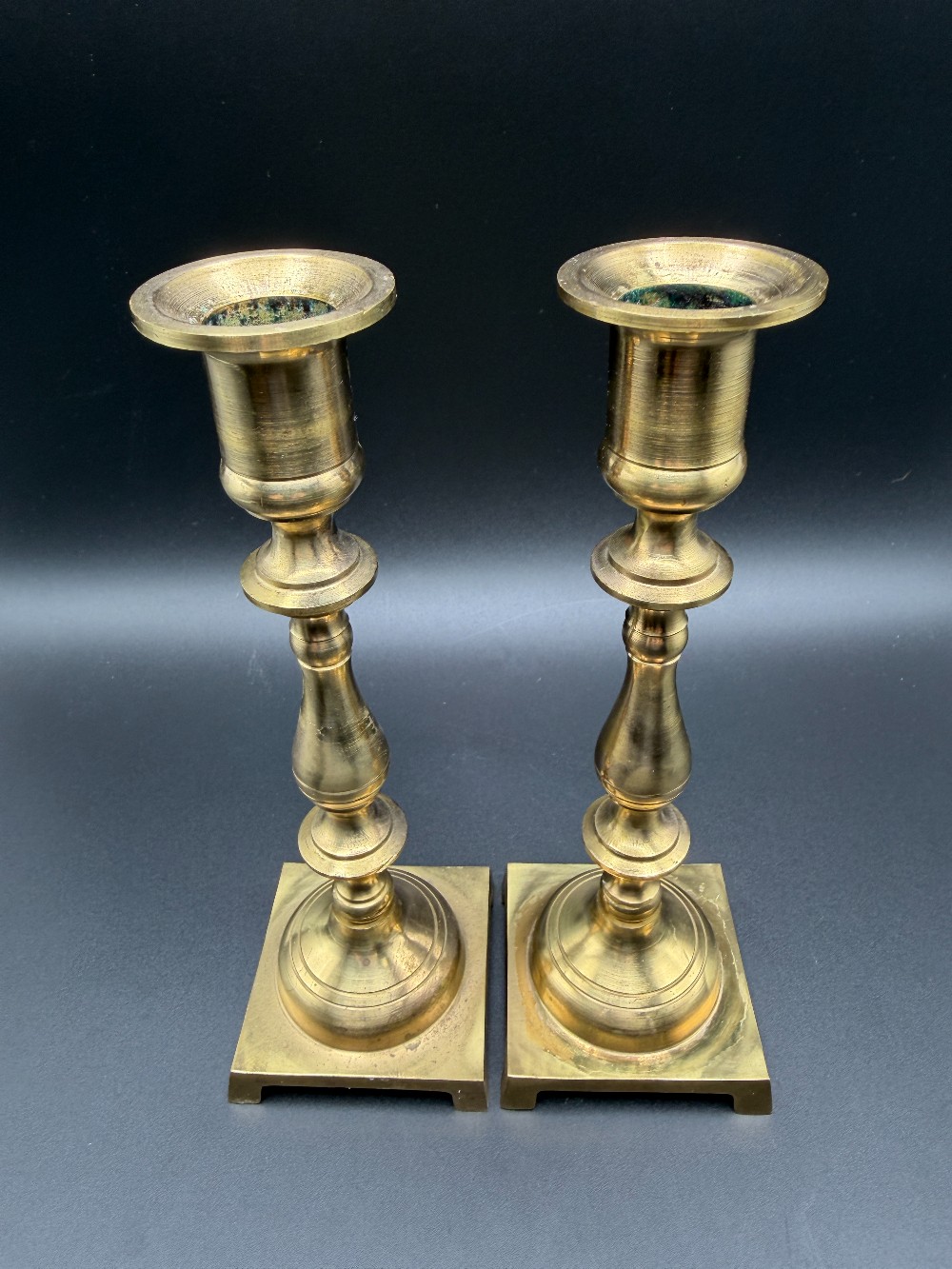 Vintage Andrea by Sadek Solid Brass Candlesticks Pair Square Base Made in India