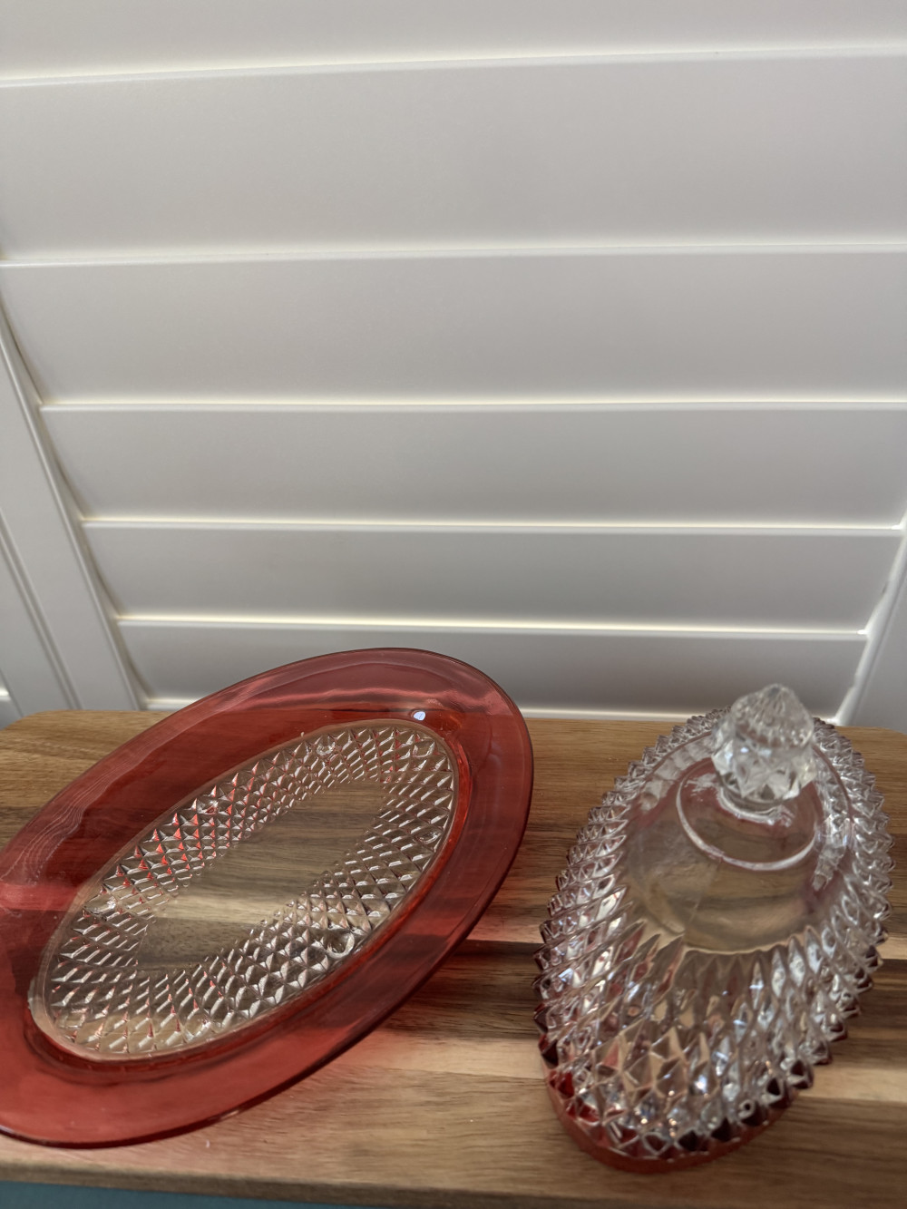 RUBY RED BUTTER DISH,  DIAMOND POINT PATTERN
