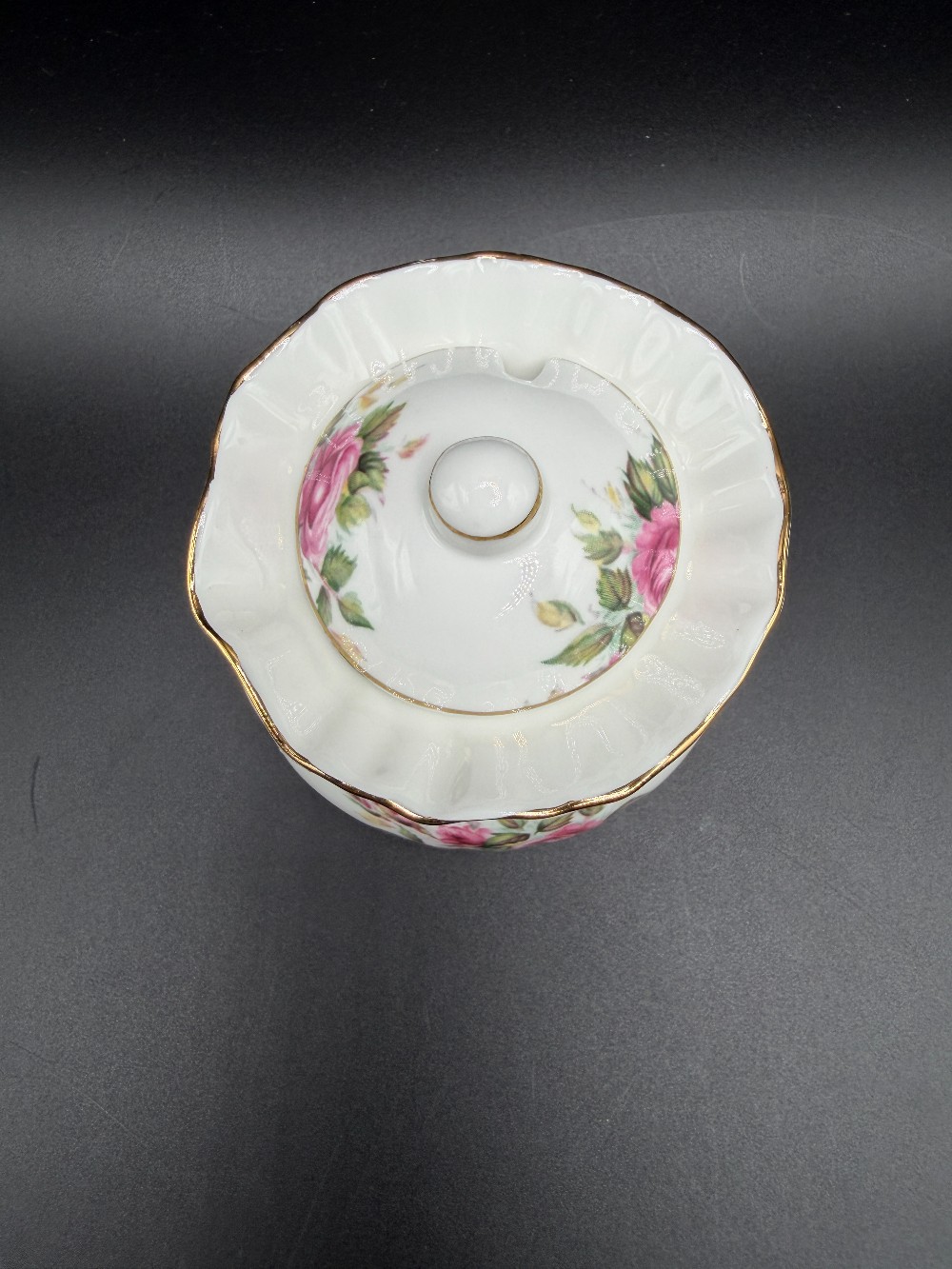 Vintage English Fine Bone China Jam Pot with Lid - Ruffled Gold Trim Cabbage Rose Honey Jar - Made in England
