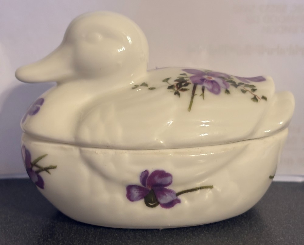 Porcelain white w/violets duck covered trinket dish