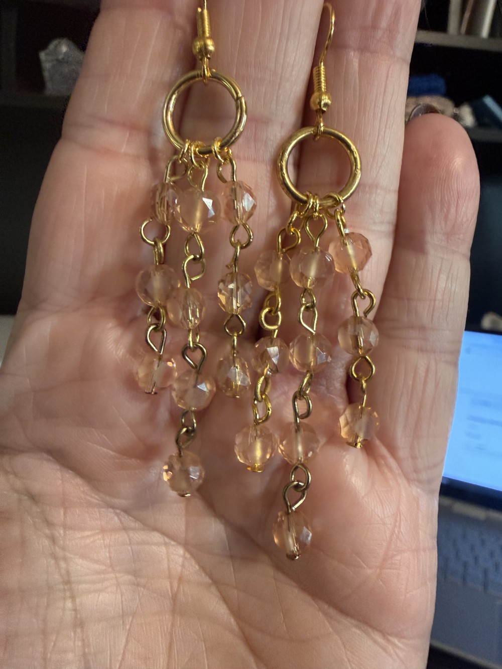 Earrings - Handmade Beaded Amber Rose Three Strand