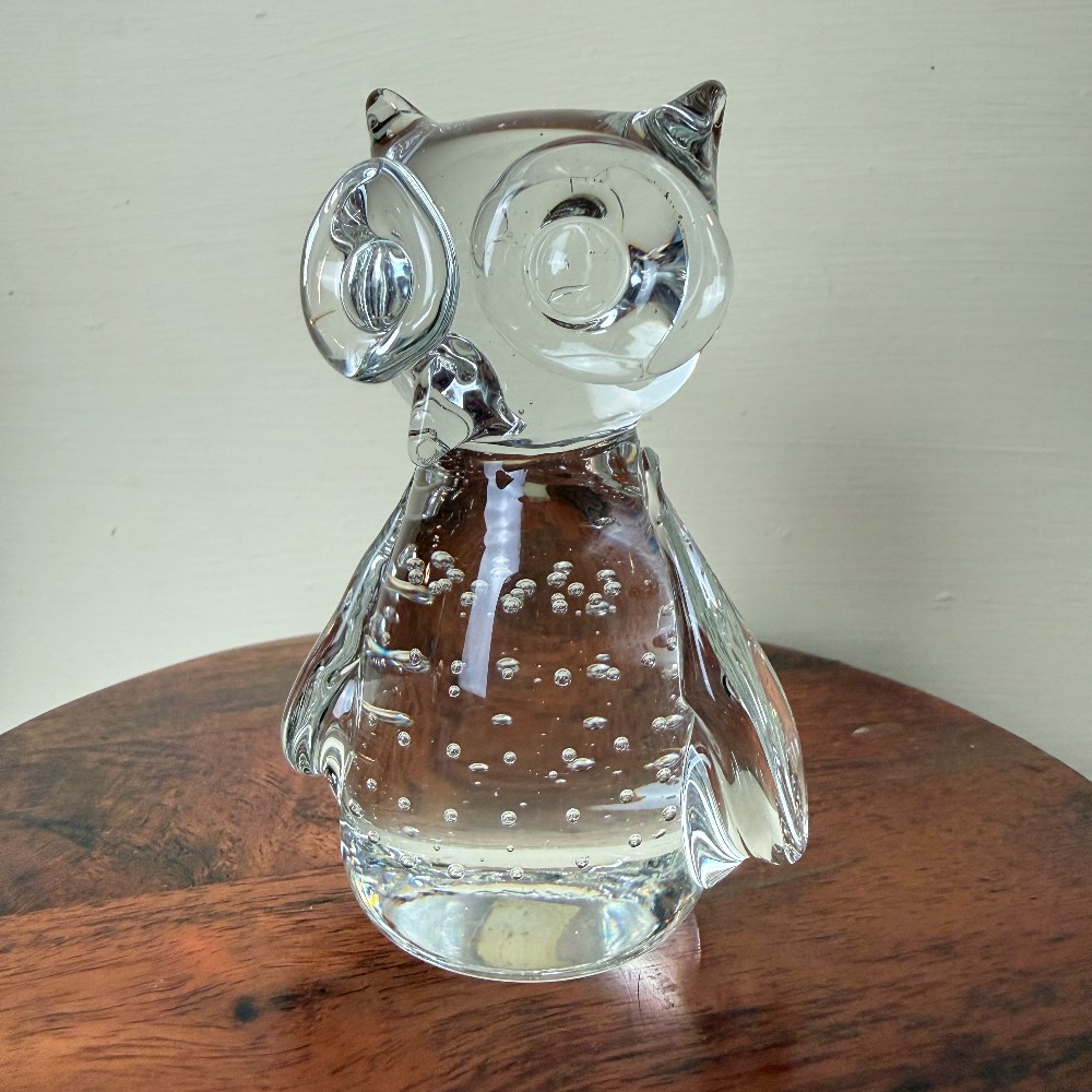 Clear Art Glass Controlled-Bubble Owl Figurine Paperweight