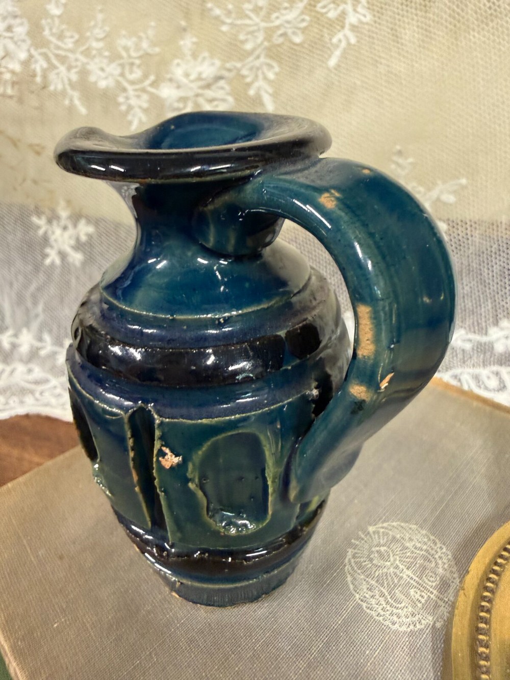Blue Glazed Pottery Pitcher with Arched Panels