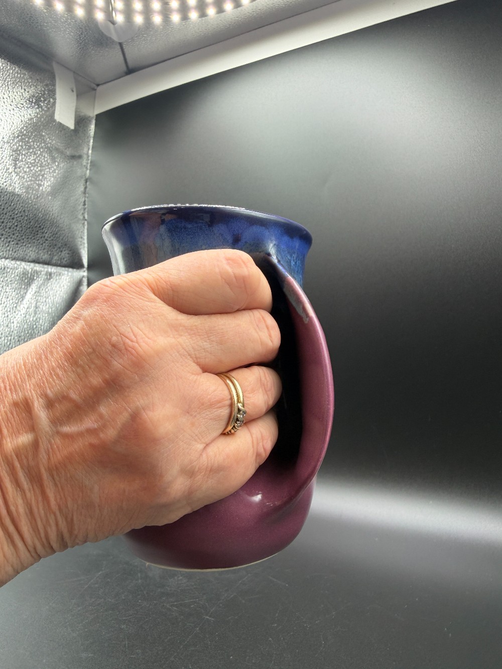 Clay in Motion Handmade Pottery Handwarmer Mug - Purple Passion Glaze (Right Handed)