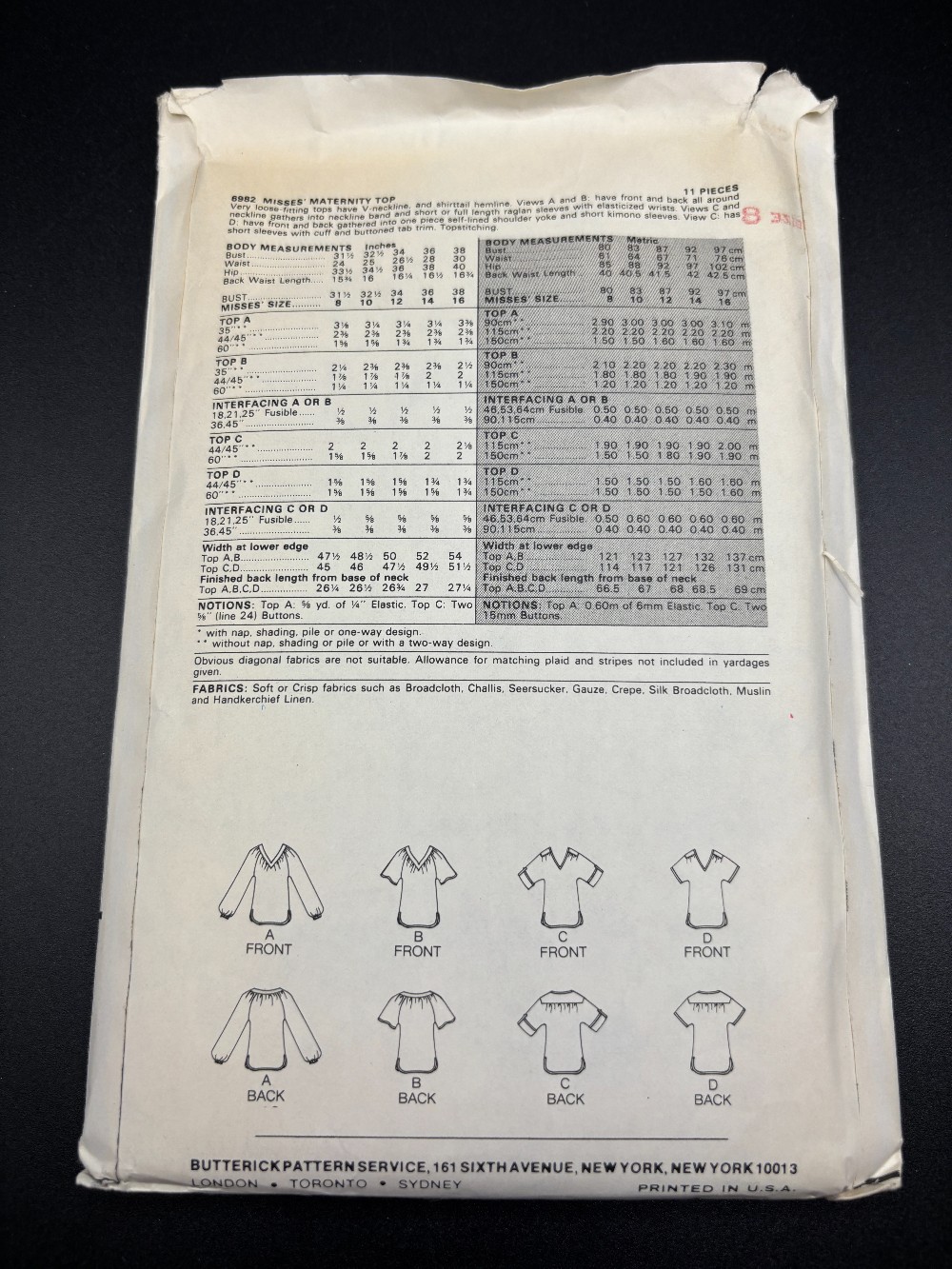 Fabric pattern Butterick 6982 maternity tops size 8