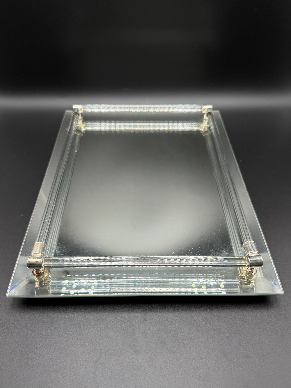 Mirrored Vanity Tray with Glass Rod Rails & Chrome Trim Vintage