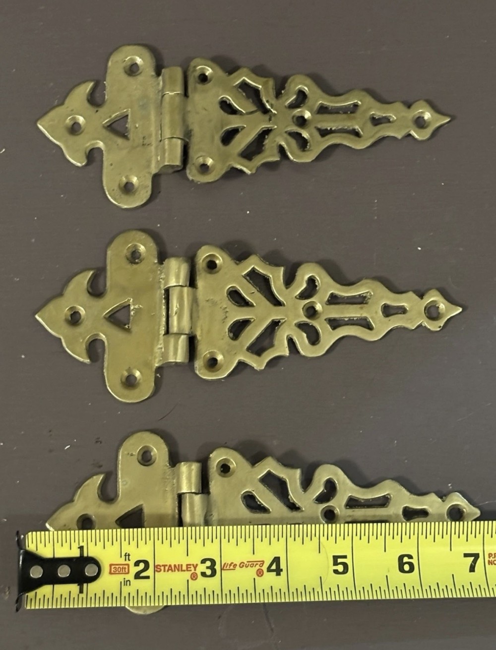 Antique Solid Brass Offset Ice Box Hinges Set of 3 Decorative Cabinet Strap Hinges 6¾”