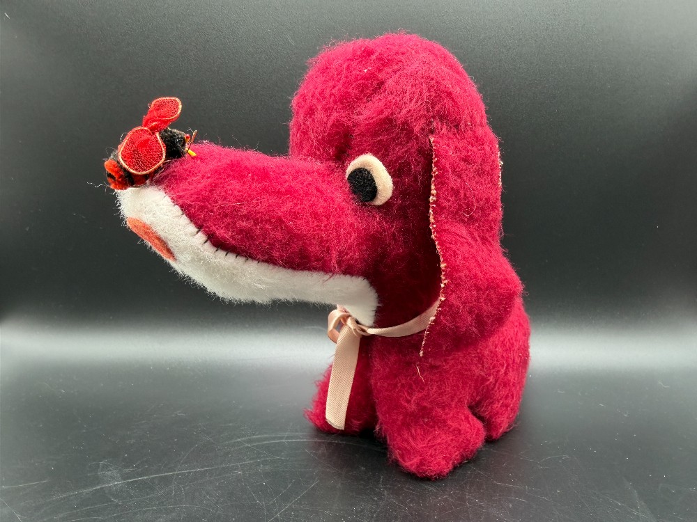 Vintage 1950s Red Plush Carnival Prize Puppy Dog with Mesh Ladybug on Nose