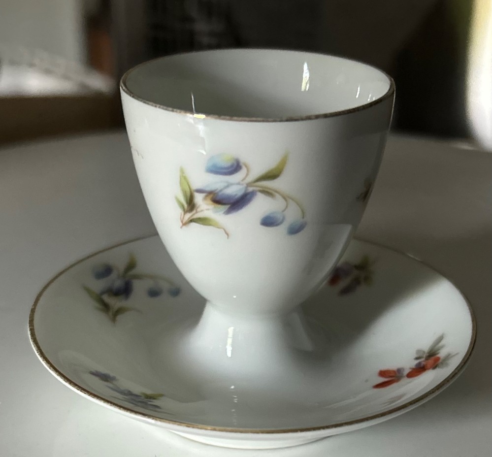 Bavaria Egg Cup - Antique Thomas Bavaria Porcelain Footed Egg Cup with Attached Saucer – Blue Berries and Gold Trim (c. 1910s-1930s)