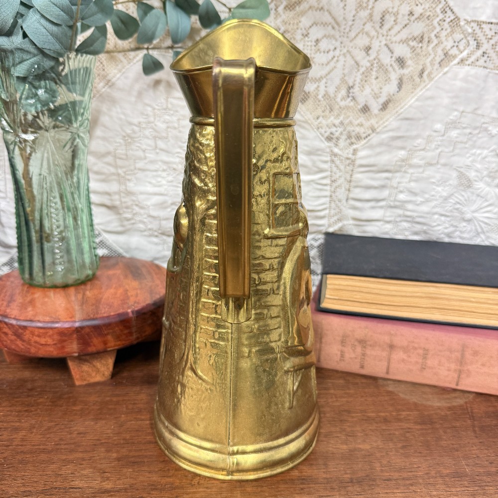 Vintage English Brass Repousse Tavern Scene Pitcher | Embossed Figural Jug | Made in England | Dark Academia Decor