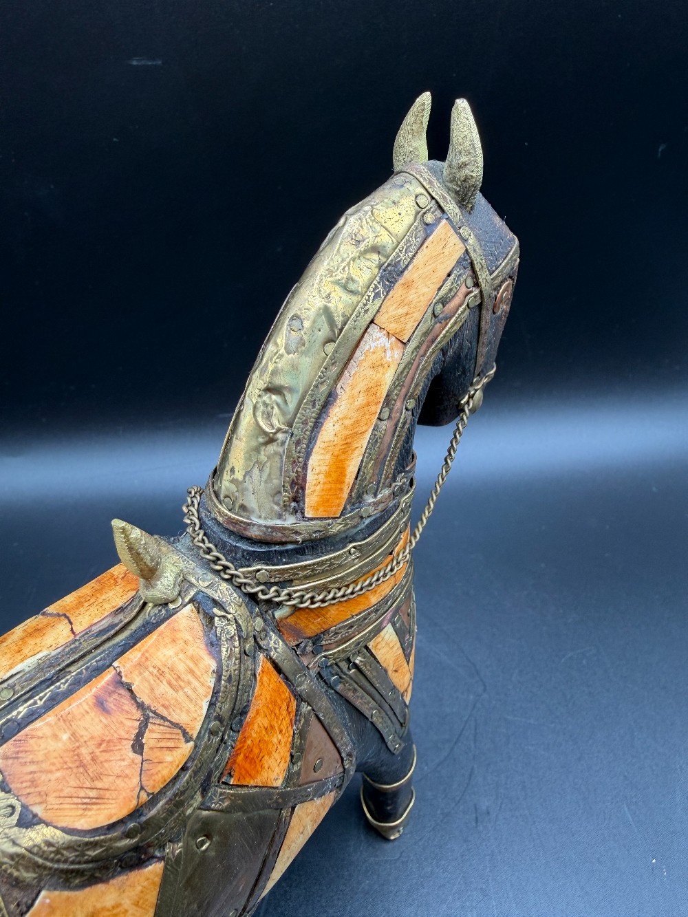 Vintage Indian Hand-Carved Wooden War Horse - Brass Armour & Bone Inlay Rajasthani Folk Art Sculpture