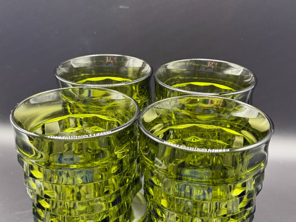 Vintage Indiana Glass Whitehall Avocado Green Cubist Footed Tumblers - Set of 4