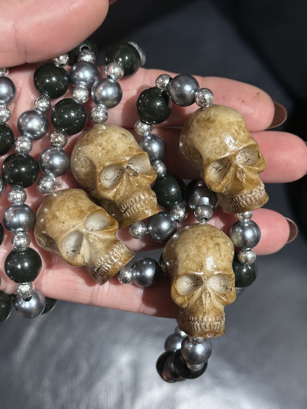 Necklace - Skulls Grey and Black Beads Long Necklace
