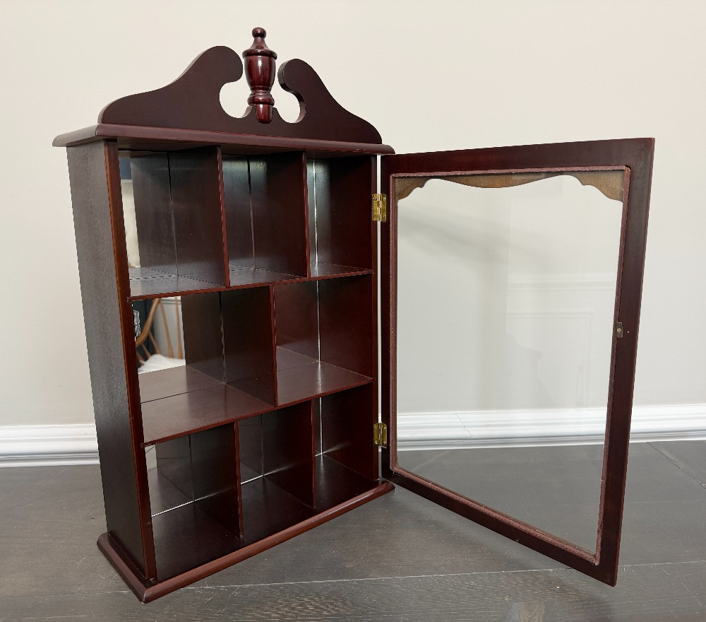 Vintage Wall-Mounted Mirrored Wooden Curio Trinket Cabinet