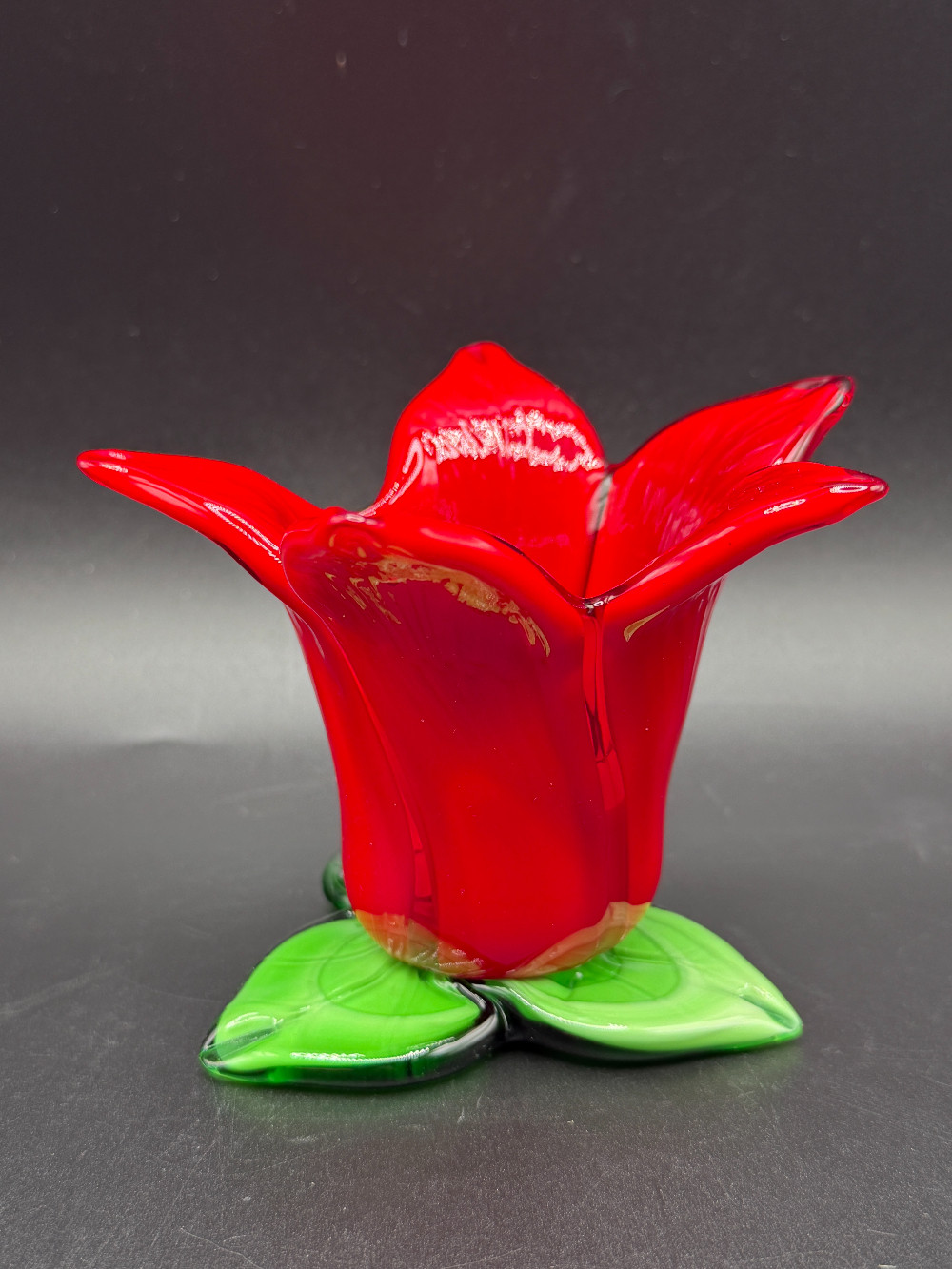 Vintage Hand-Blown Red Art Glass Tulip Votive Candle Holder – Green Leaf Base