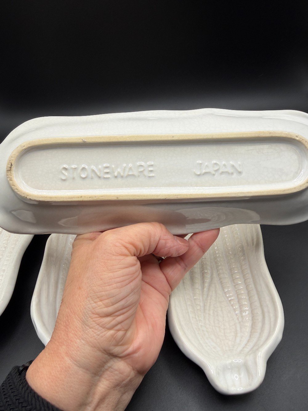 Vintage White Stoneware Corn on the Cob Dishes – Set of 4 Embossed Japan Ceramic Serveware Trays